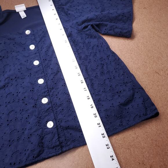 A New Day Eyelet Blouse Top Sz S Navy Button Down Short Sleeve Cottage Coquette - Picture 8 of 8